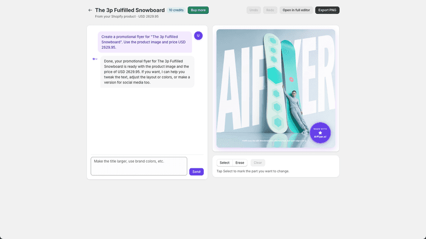 AIFlyer chat editor showing a product flyer with live preview