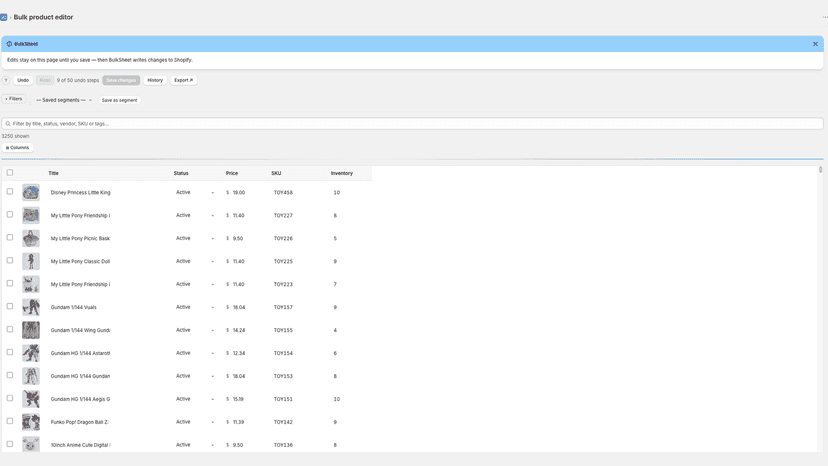 Spreadsheet-style bulk product editor in Shopify admin