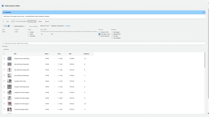 Filter catalog by tag, vendor, status, and inventory