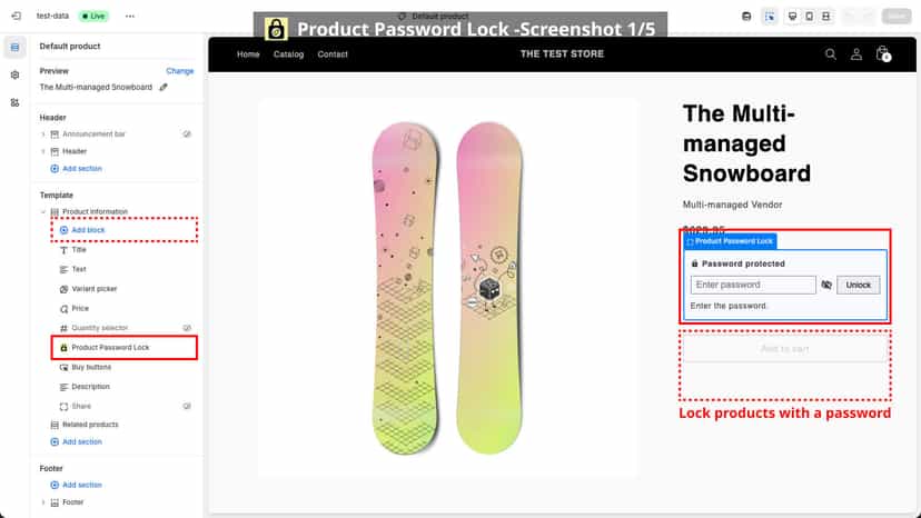 Adding Product Password Lock block in the theme editor
