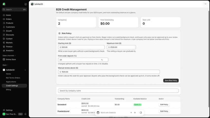Credit Settings