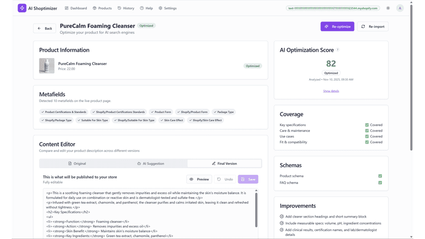 Analyze and optimize product content for AI Search