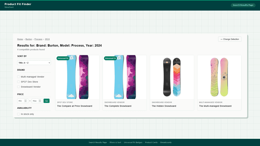 Results page with filters, sort, and compatible products