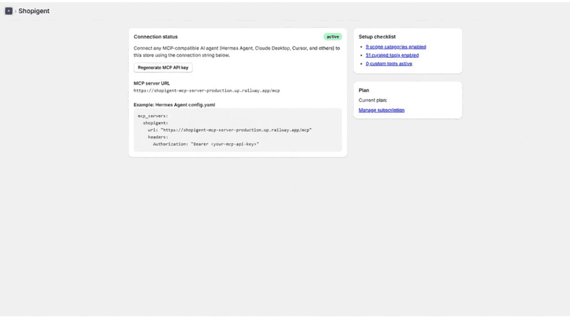 Shopigent dashboard with Curated Tools overview