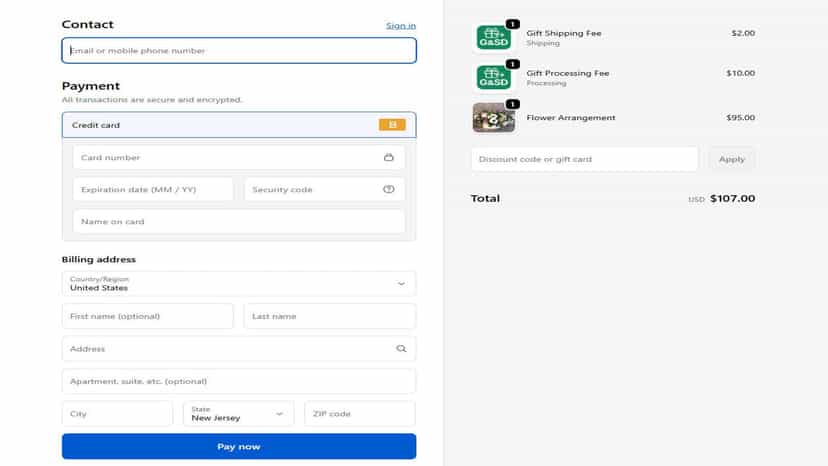Checkout page showing the gift fees added and no shipping addres