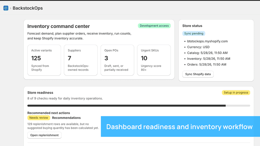 Dashboard readiness and inventory workflow overview