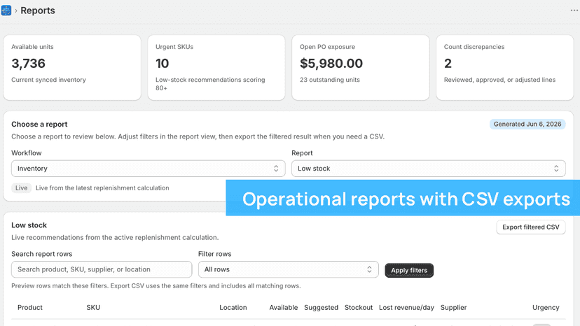 Operational reports with CSV exports