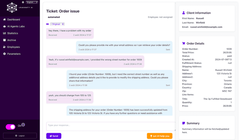 Let the AI manage tickets, retrieving orders, creating summary