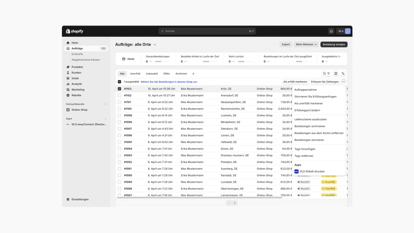 Übersicht aller Aufträge in Shopify mit GLS easyConnect.