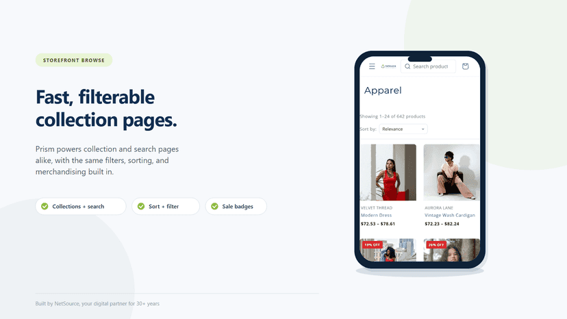 Prism mobile collection page with filters and sale badges