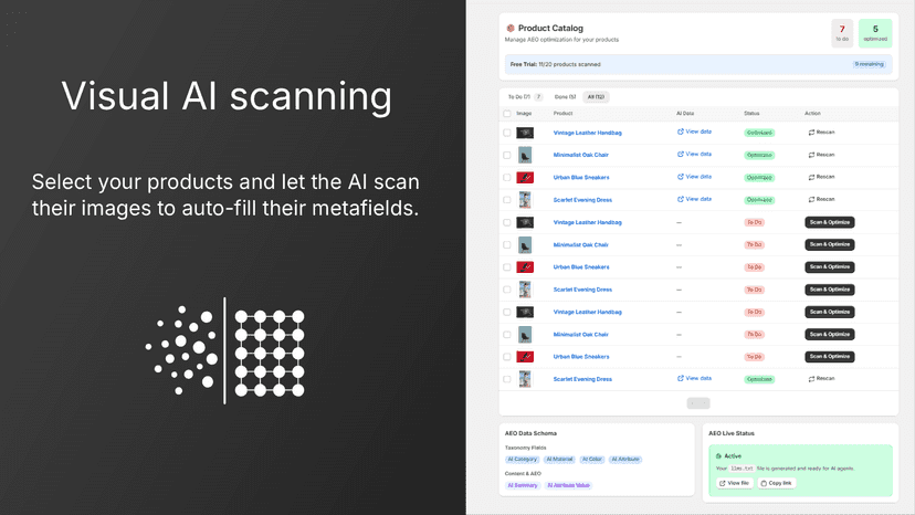 App dashboard showing Visual AI scanning & AEO status