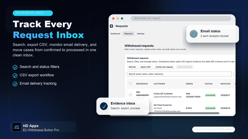 Request inbox with CSV export and statuses
