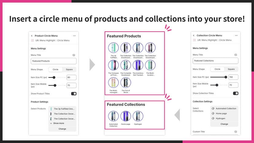 Insert a circle menu of products and collections into your store