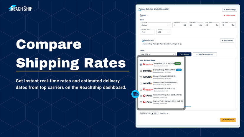 ReachShip showing real-time shipping rates for Shopify orders