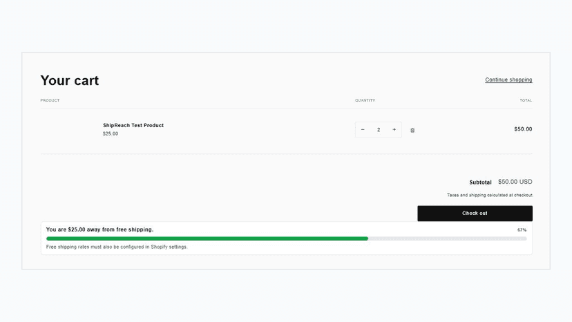 Cart page showing progress toward the shipping goal