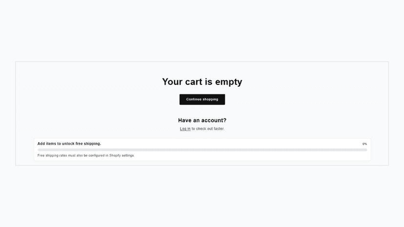 Cart page showing the empty shipping bar state