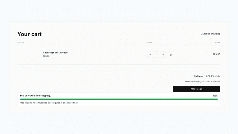 Cart page showing the shipping goal unlocked state