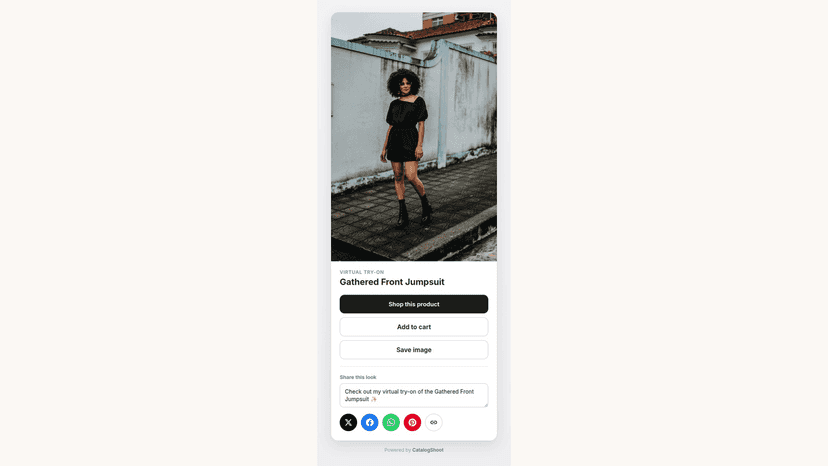 Shopper's AI try-on result with shop and share options