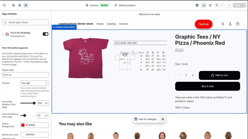 Positioning the Try-on button on a Shopify product page