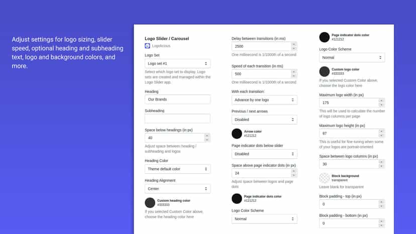 Screenshot of available configuration settings