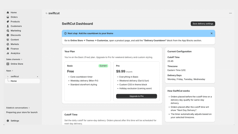 SwiftCut admin: Set 5PM shipping cutoffs in sixty seconds.