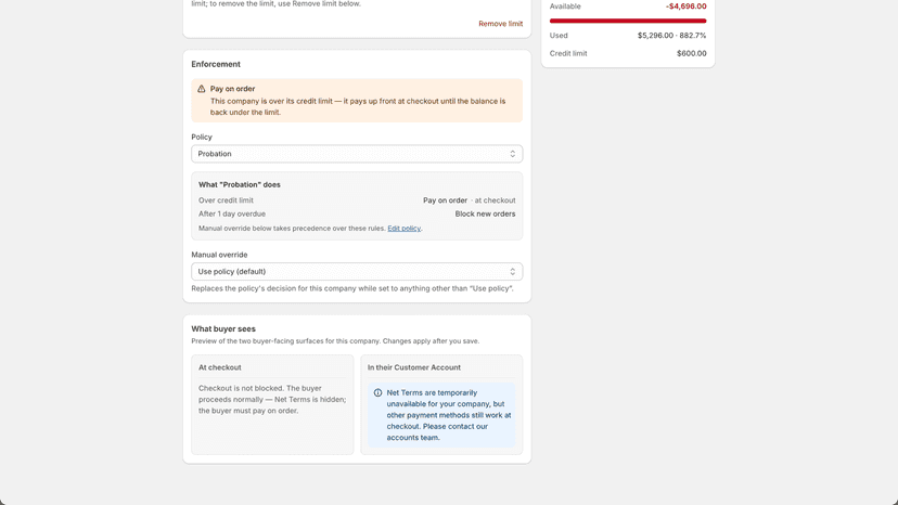 Pay-on-order enforcement and buyer checkout preview