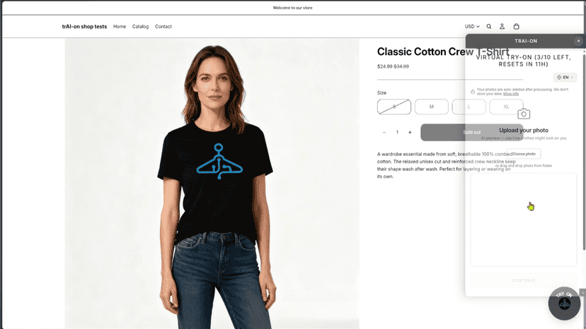 Virtual try-on widget open on a product page