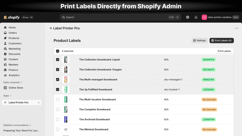 Bulk select products to print labels directly from admin.