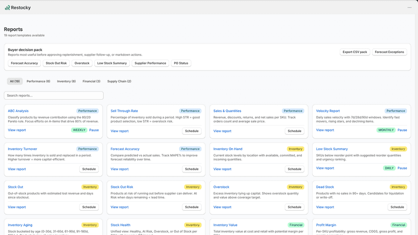 Export PO, inventory value, discrepancy, and supplier reports