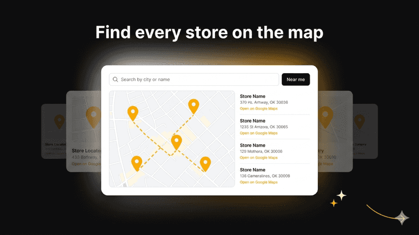 Store locator map with pins and a searchable store list