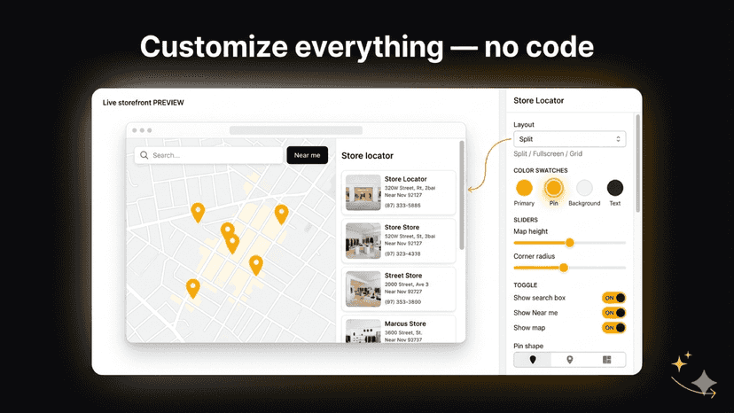 Theme editor settings: layouts, colors and toggles