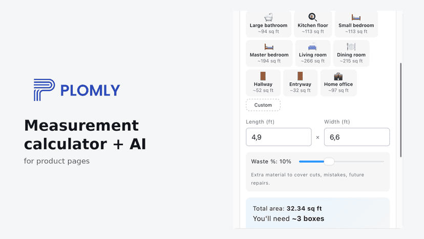Plomly measurement calculator on a Shopify product page