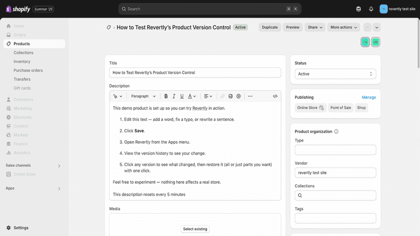 Shopify Product Edit Page