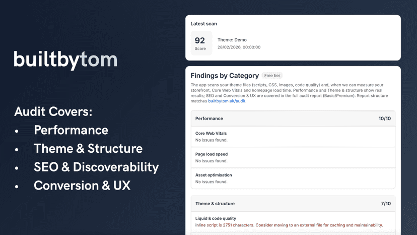 Audit covers: performance, theme & structure, SEO, conversion