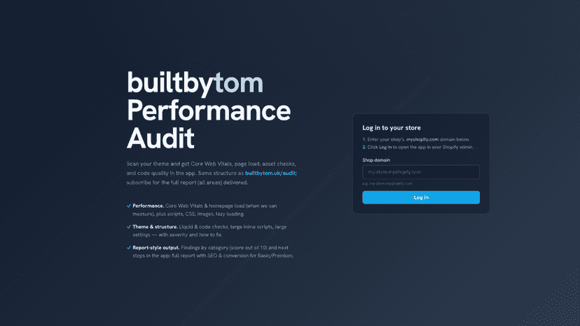 App landing page, enter your myshopify.com handle to get started
