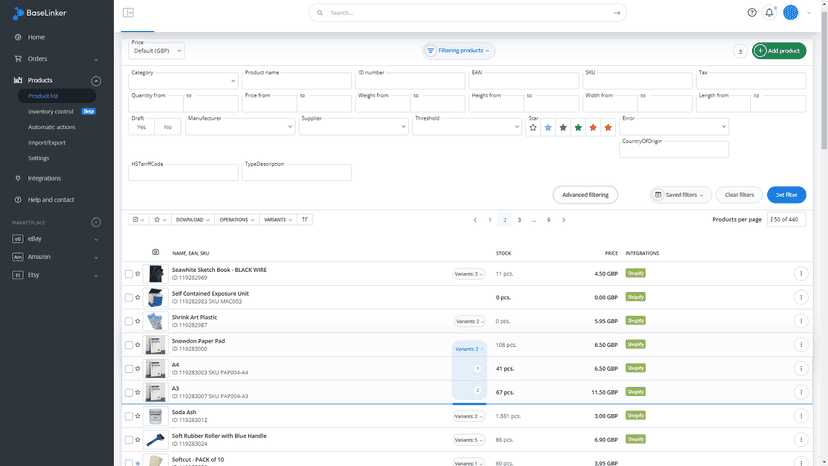 Products list page