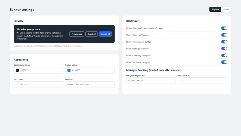 Banner settings with colour pickers and Consent Mode toggle