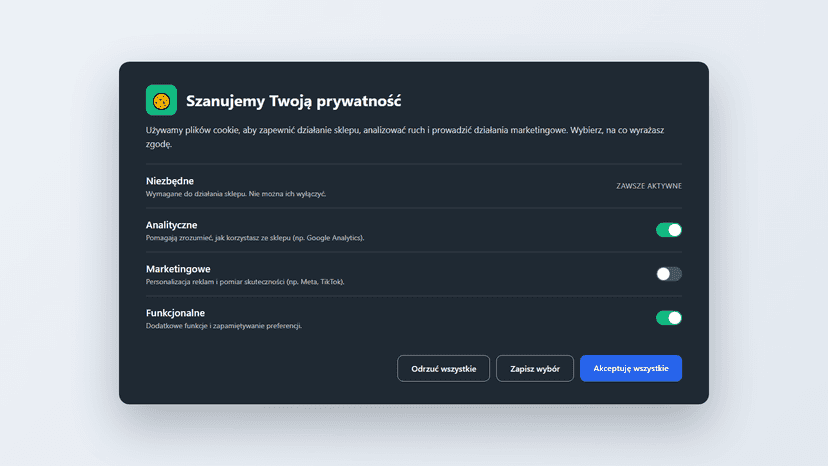 Polish cookie consent banner with granular category preferences