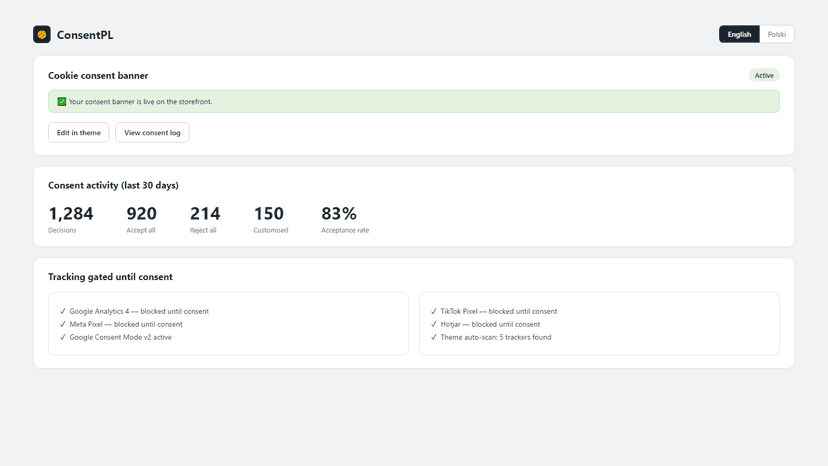 ConsentPL dashboard with consent stats and plan options