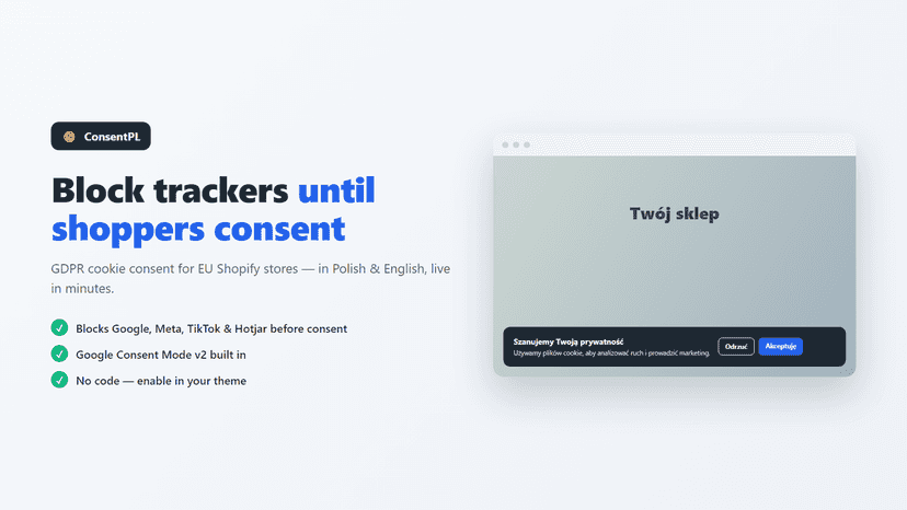 Polish GDPR cookie consent banner on a Shopify storefront