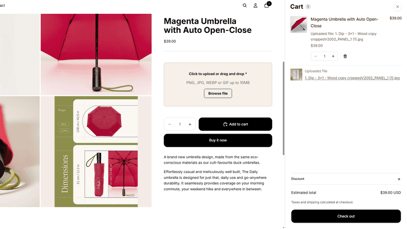 Product upload field and file preview in the cart