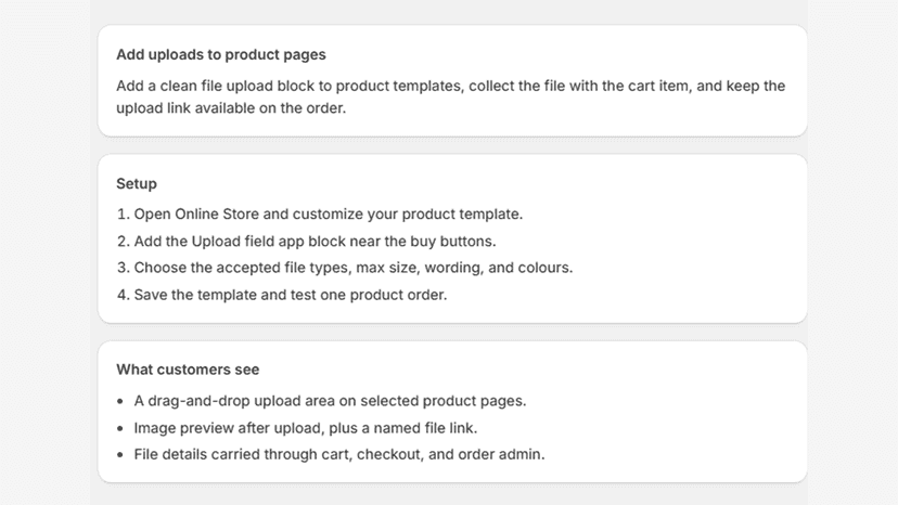 App setup and upload workflow overview in Shopify admin