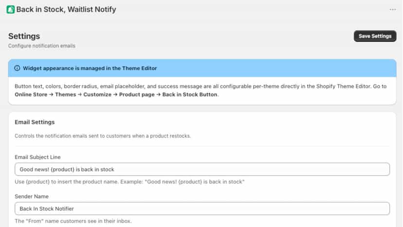 App settings page showing email template