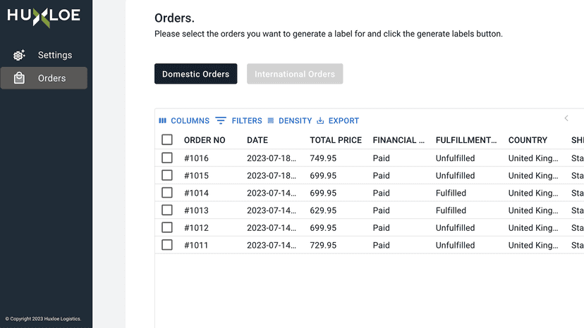 Huxloe settings - domestic orders