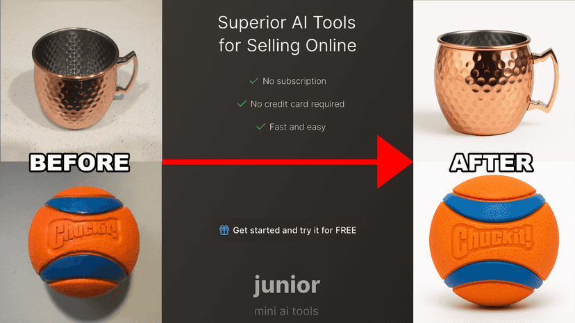 Before and after example product photos generated with AI