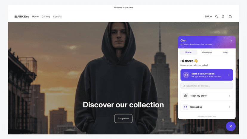 SelfiChat widget open on storefront with quick actions