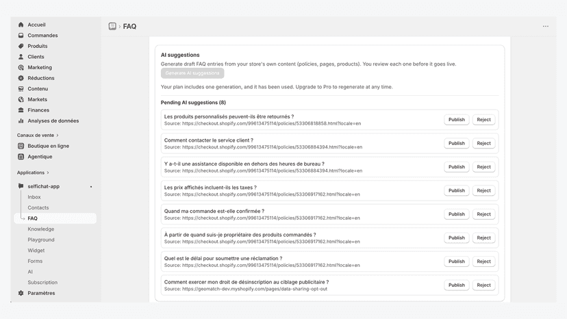 AI-generated FAQ suggestions ready for one-click publish