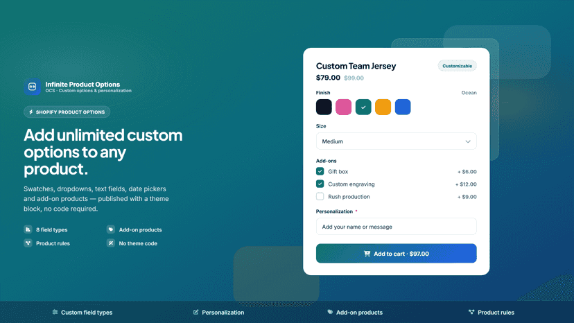 Product page with swatches, dropdown and add-on options
