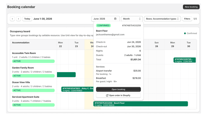 Booking availability calendar in the Shopify admin