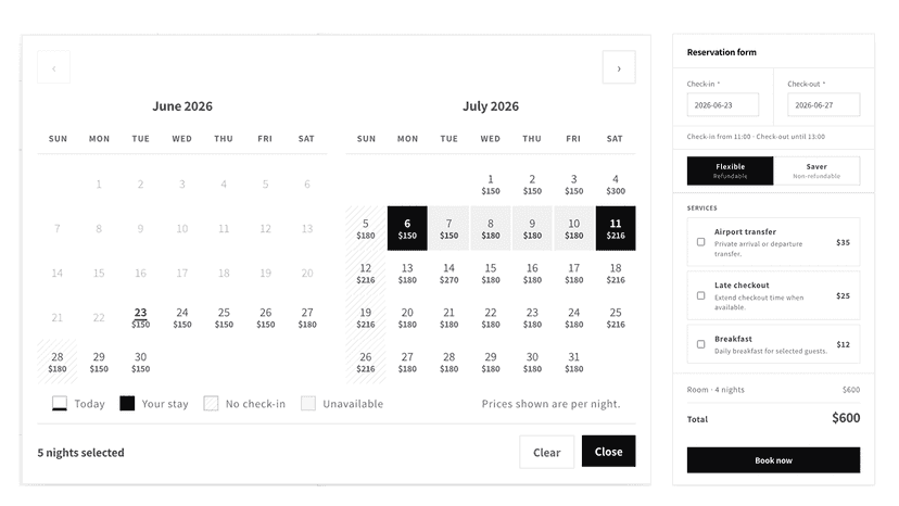 Guests pick dates and see live pricing on the product page